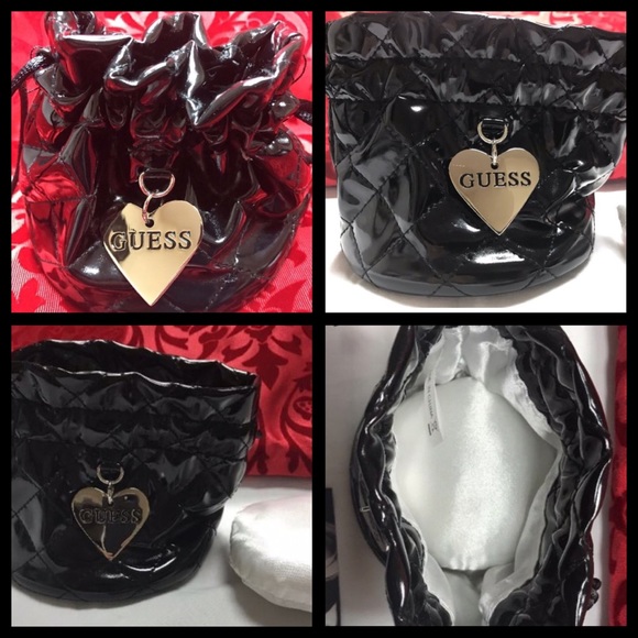 NEW Black Leather & Satin GUESS Drawstring Pouch - Picture 1 of 6